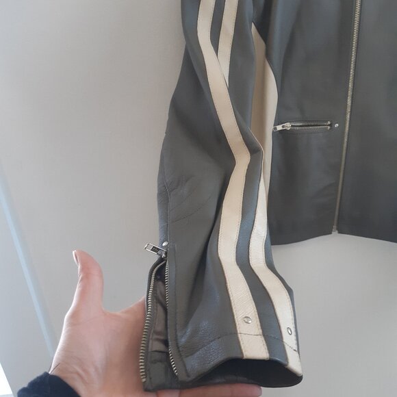 OXYHO Sorento Large Women's Genuine Leather Coat, Two-Tone Olive/Grey + Beige - Picture 12 of 16